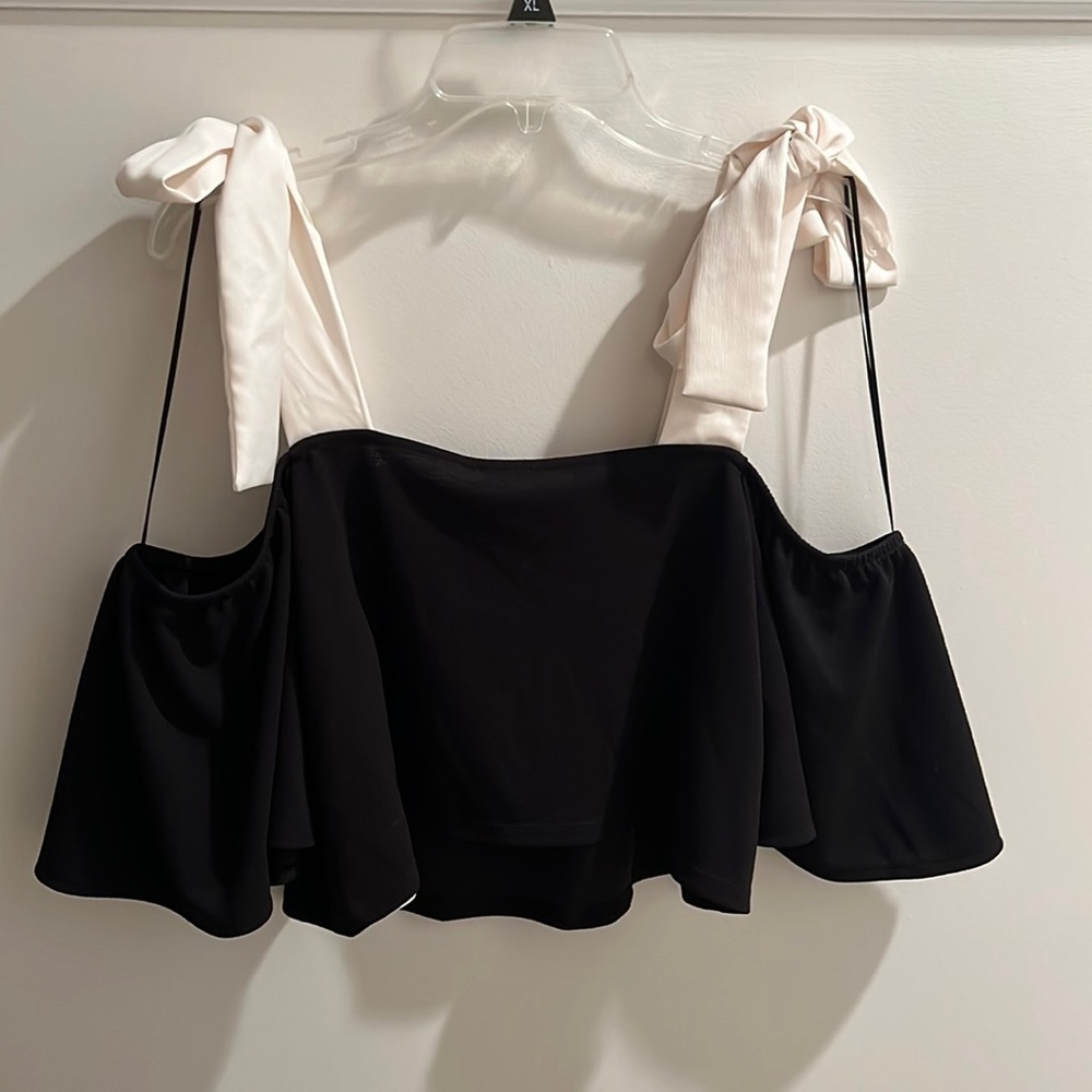 Off the shoulder black crop top with bow shoulder details